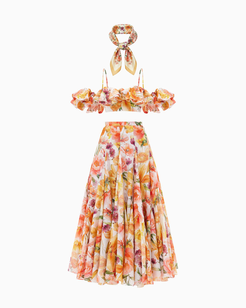 Magnolia top + magnolia skirt + peach lilies scarf
