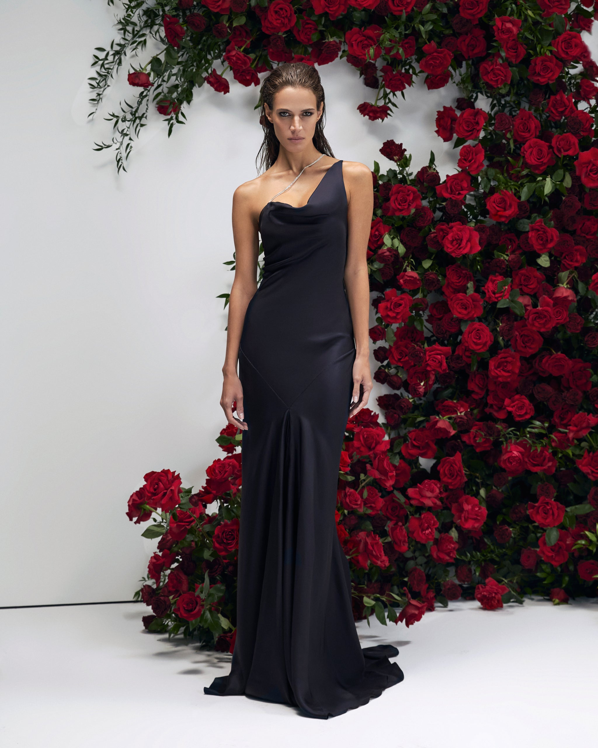 black silk dress with flowers Satin Floral Dress - Black